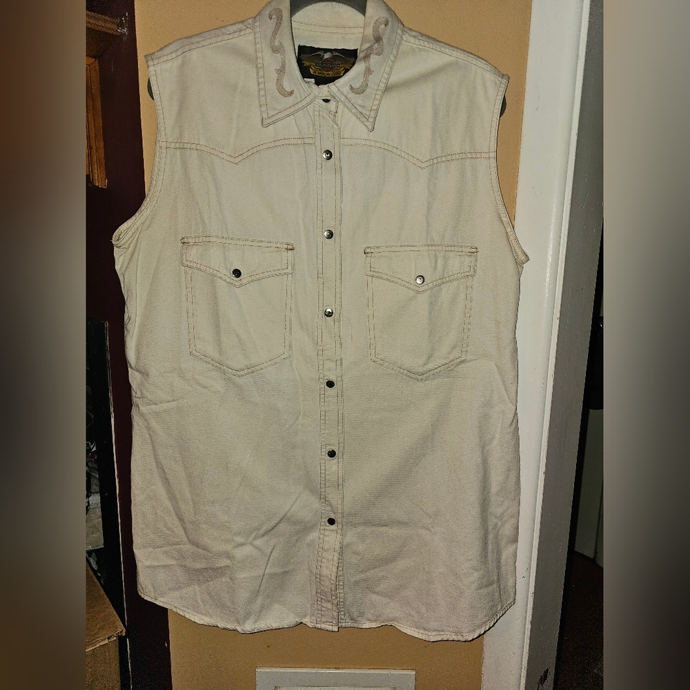Harley Davidson Cotton Sleeveless  Shirt Button Down Logo Silver Buttons Sz L